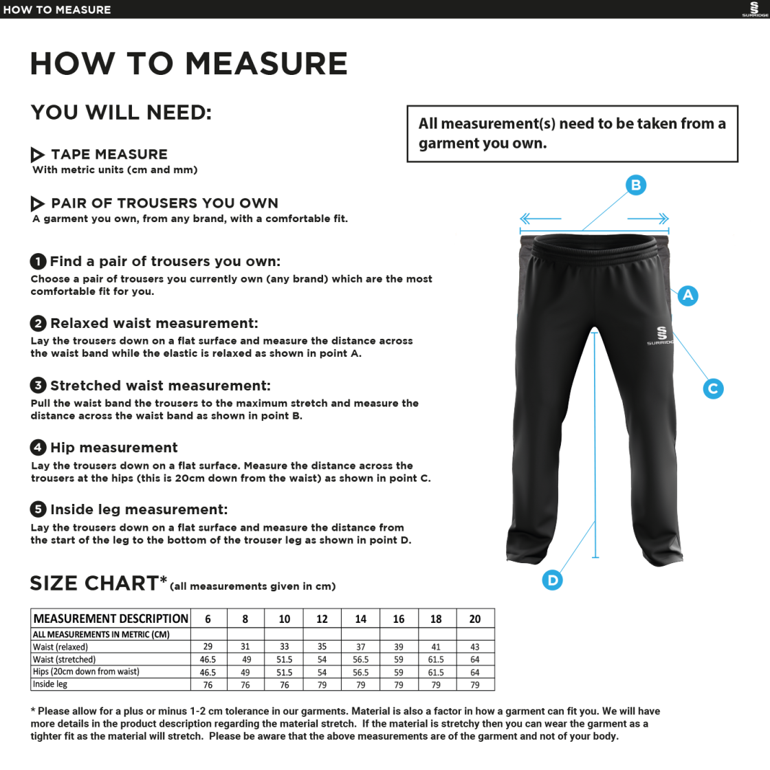 Fraserburgh CC - Women's Poplin Track Pant - Size Guide