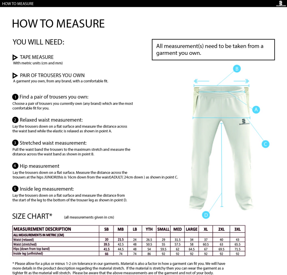 Fraserburgh CC - Standard Playing Pant - Size Guide