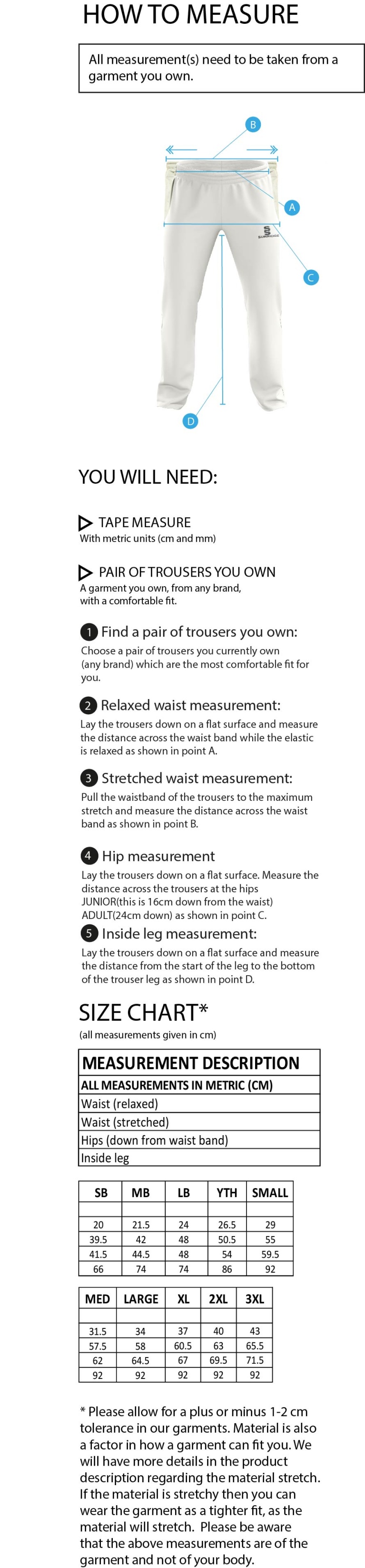 Fraserburgh CC - Standard Playing Pant - Size Guide