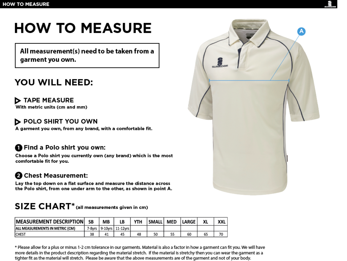 Fraserburgh CC - Premier 3/4 Sleeve Maroon Trim Shirt - Size Guide