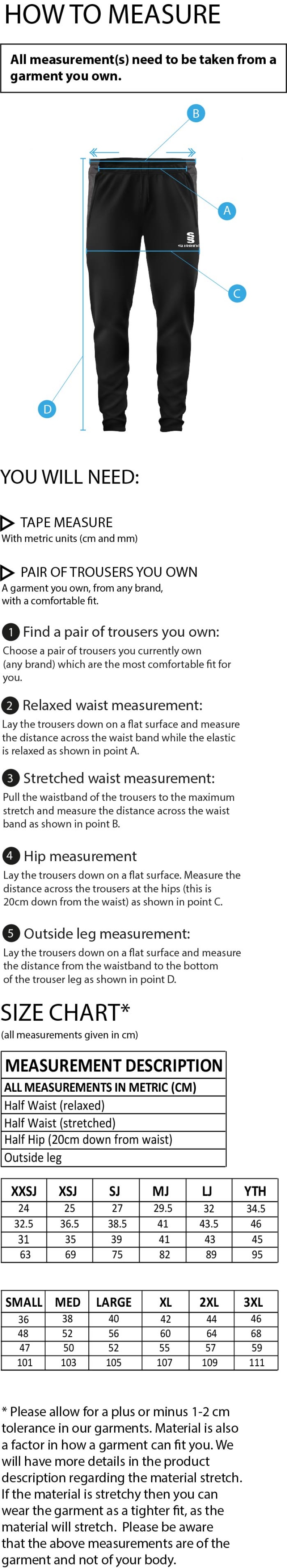 Fraserburgh CC T20 Pants: Navy - Size Guide