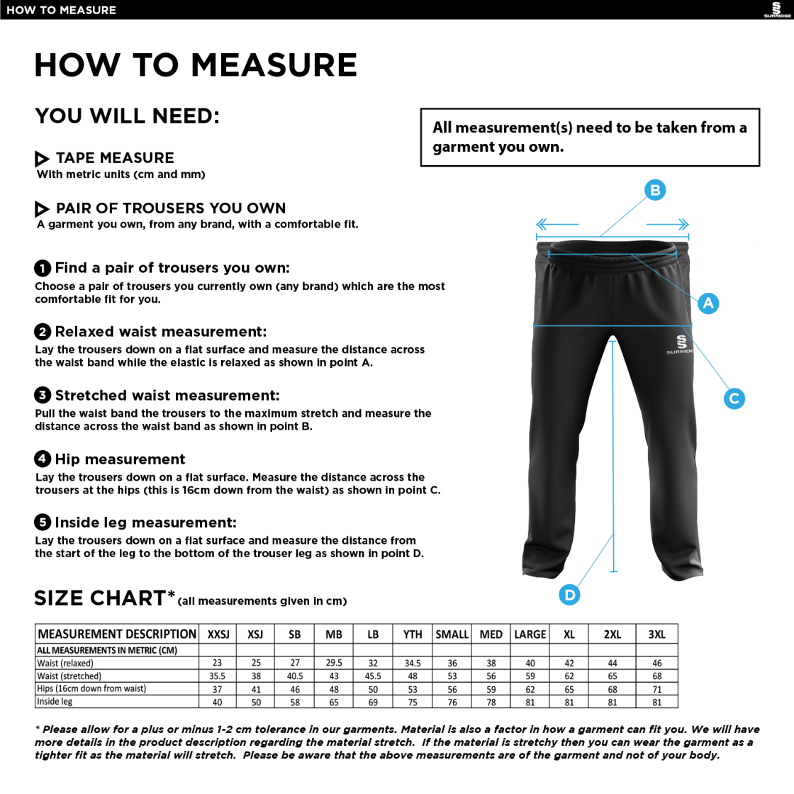 Fraserburgh CC - Poplin Track Pant - Size Guide