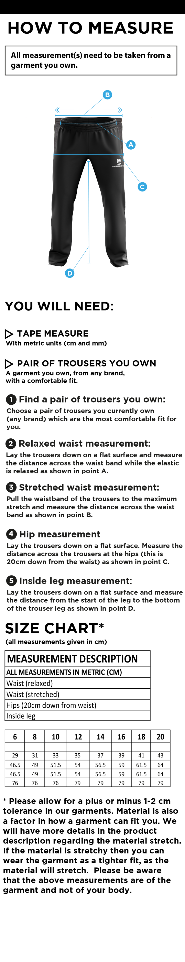 Fraserburgh CC - Women's Poplin Track Pant - Size Guide