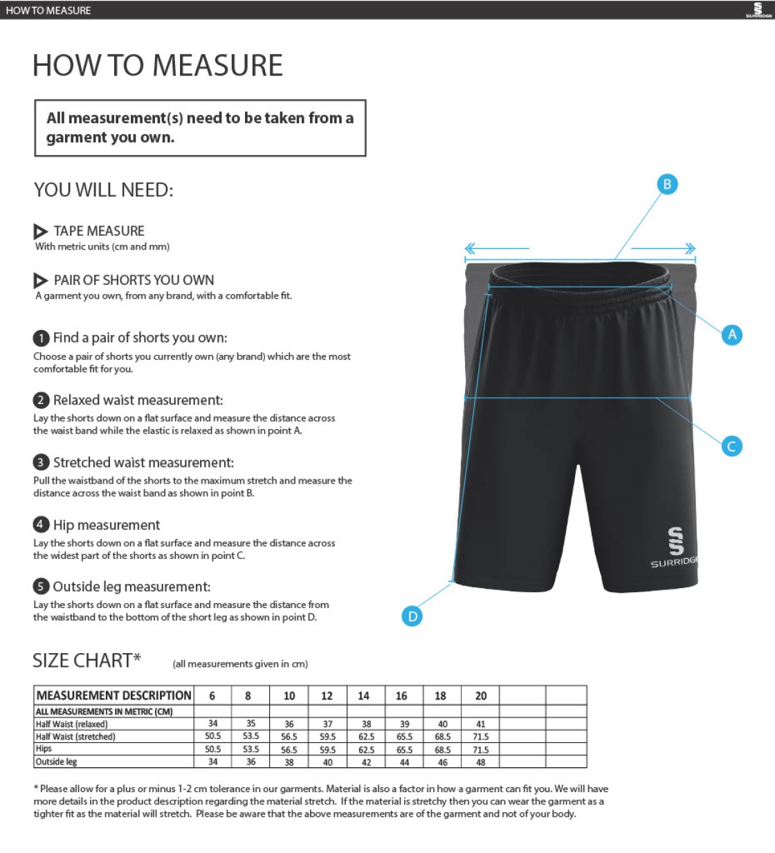 Fraserburgh CC - Women's Ripstop Pocketed Shorts - Size Guide