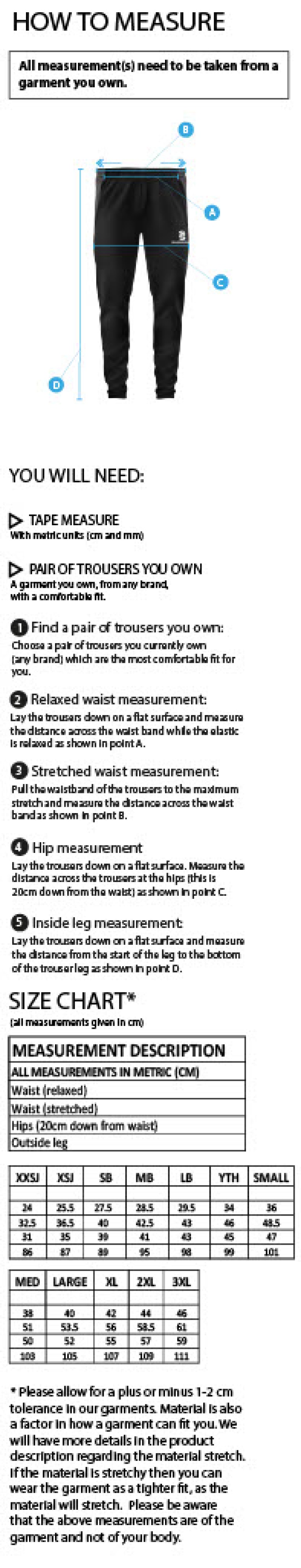 Fraserburgh CC T20 Pants: Navy - Size Guide