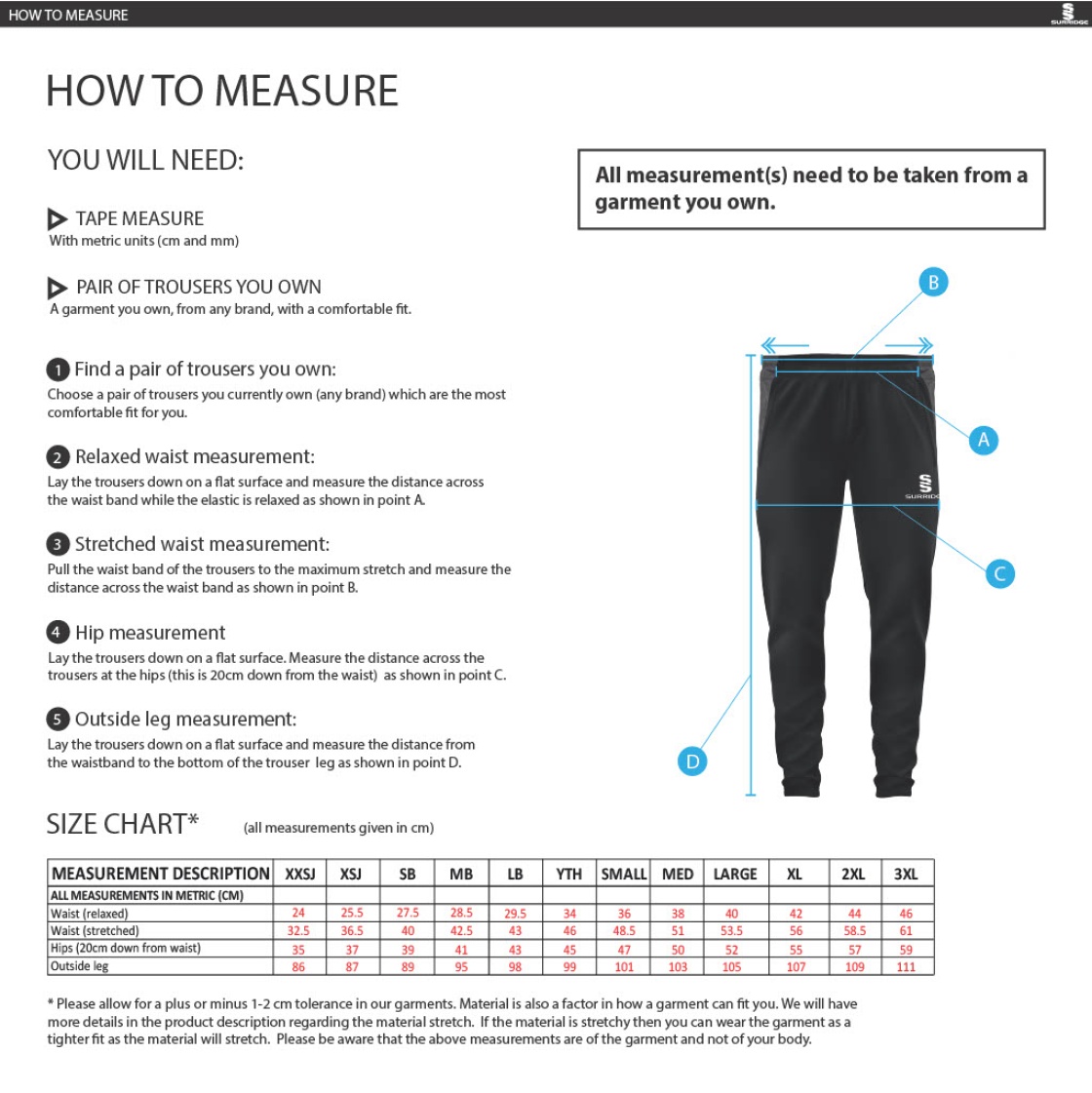 Fraserburgh CC T20 Pants: Navy - Size Guide